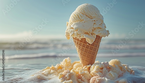 Banner, delicious, mouth-watering ice cream with fruits on the background of the sea , ice cream day photo