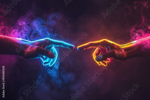 Person touching neon light with bright background