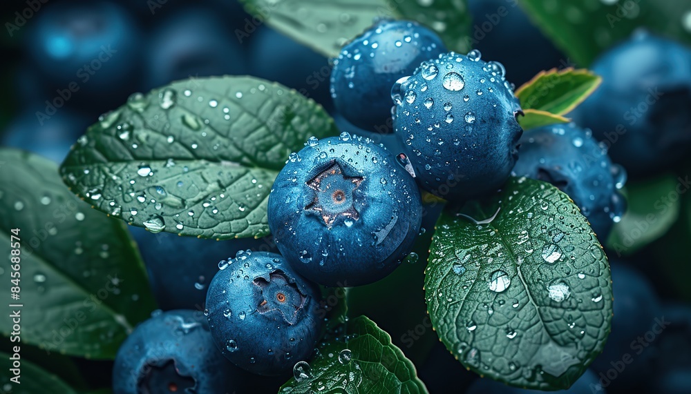 A close-up photo of blueberry berries with leaves, berries with dew drops, blueberry background