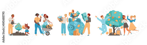 People Character Growing Money Tree with Golden Coins Vector Set
