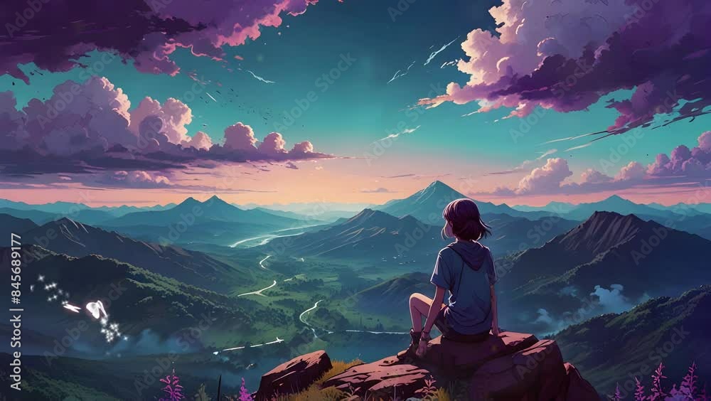 A Girl with Purple fantasy lofi landscape glow, love passion 2D Japanese Anime style 4K Seamless loop hip-hop chill vibes Relaxing music lofi bites vaporwave animation