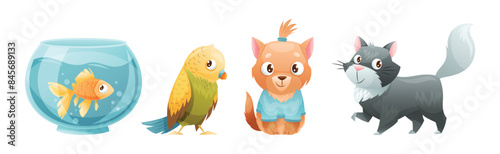 Cute Home Pet Animal with Fish, Cat, Parrot and Puppy Vector Set