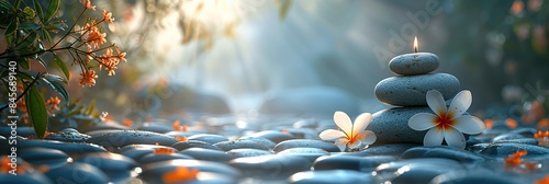 Banner, Meditation paraphernalia, relaxation center, Thai massage, rock balancing, towel rolled into a roller, flowers, candles and water for relaxation. space for text