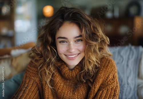 Smiling Woman With Curly Hair Wearing a Brown Sweater