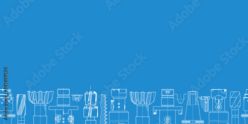 Mechanical engineering drawings on blue background. Tap tools, borer. Technical Design. Cover. Blueprint. Seamless pattern. Vector illustration.