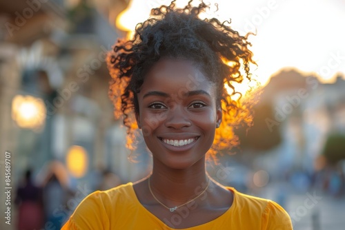 Young Woman With Curly Hair Smiling in Front of a Wall