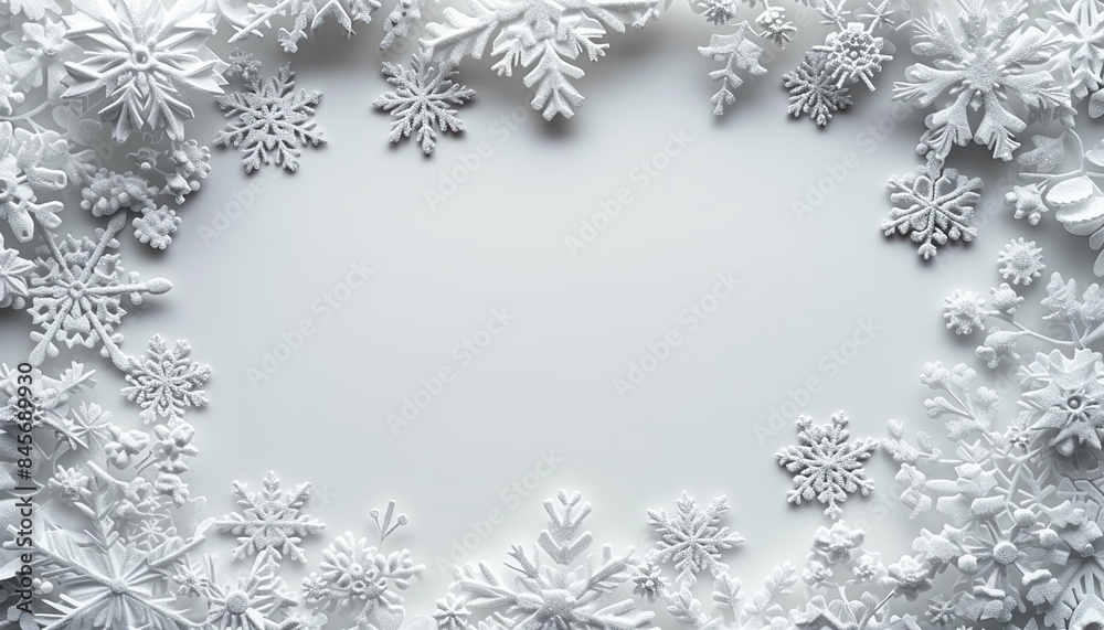 Fototapeta premium Christmas frame with white snowflakes on a white background, Christmas banner, greeting card