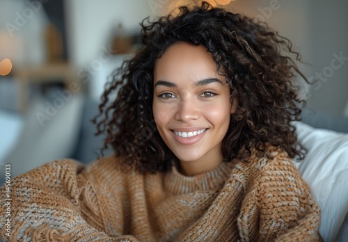 Smiling Woman With Curly Hair Wearing a Brown Sweater
