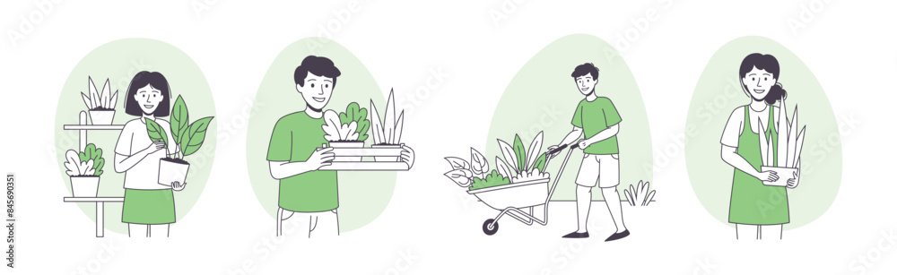 People Character Planting Growing and Cultivating House Greenery Outline Vector Set People Character Planting Growing and Cultivating House Greenery Outline Vector Set