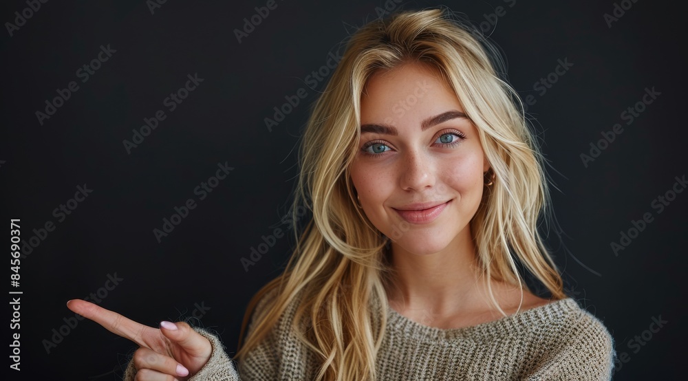 Blonde Woman Smiling and Pointing in Pink Sweater Against Teal Background Blonde Woman Smiling and Pointing in Pink Sweater Against Teal Background