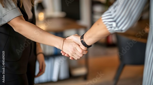 shot two people shaking hand office after a successful job interview, both dressed in formal suits hiring job coorporate photo