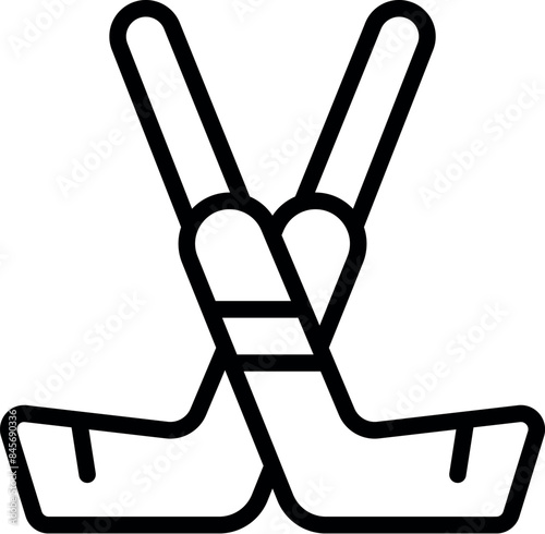 Line art icon of two ice hockey sticks crossed to form a heart shape with their tape