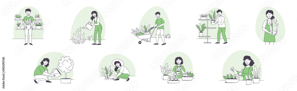 People Character Planting Growing and Cultivating House Greenery Outline Vector Set People Character Planting Growing and Cultivating House Greenery Outline Vector Set