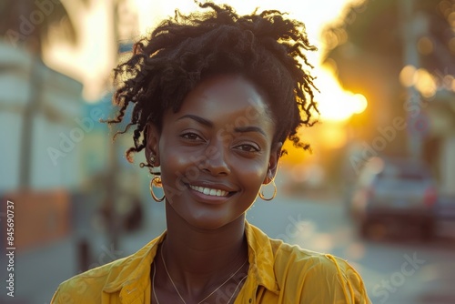 Young Woman With Curly Hair Smiling in Front of a Wall