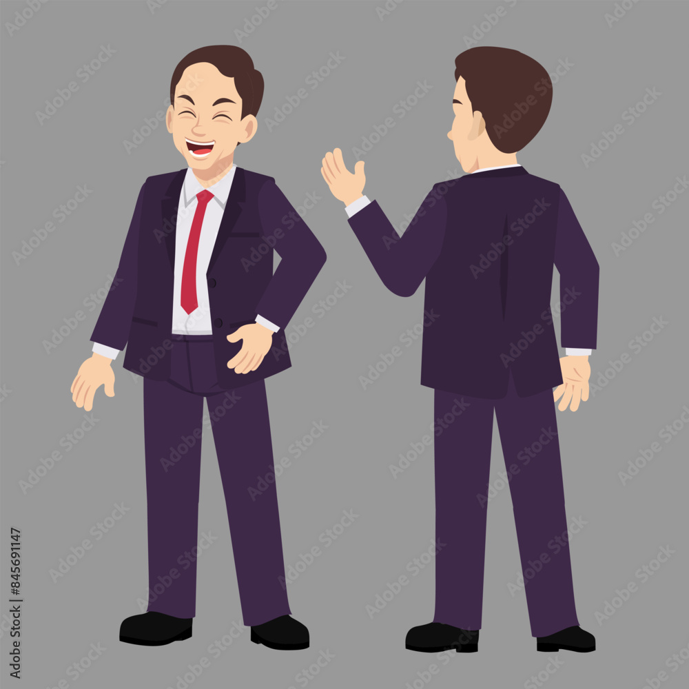 Businessman in suit standing in front view and back view laughing Businessman in suit standing in front view and back view laughing