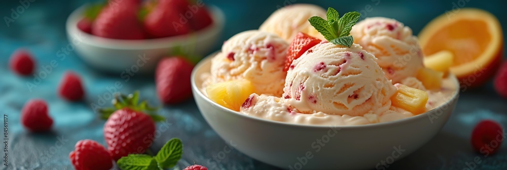 Banner, Popsicle with different fruits, with ice cream cream, on a colored background with chocolate, ice cream day Banner, Popsicle with different fruits, with ice cream cream, on a colored background with chocolate, ice cream day