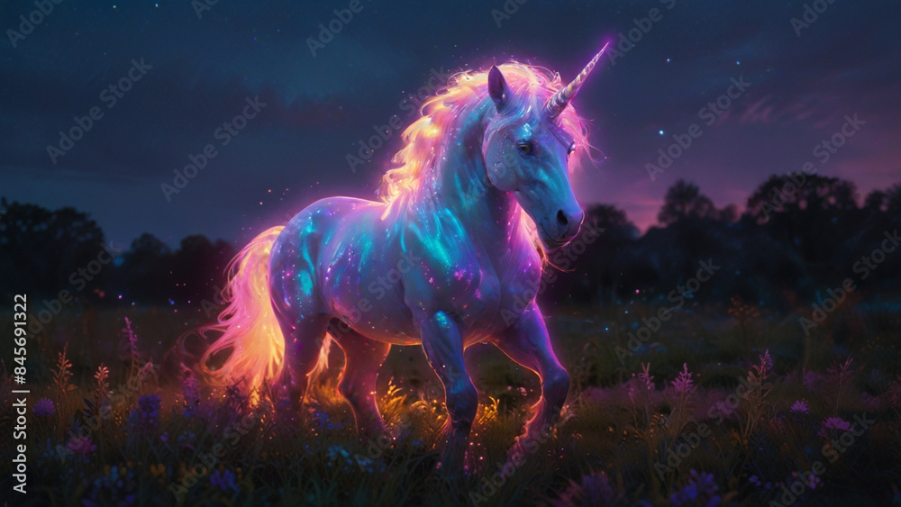 Wallpaper of A graceful unicorn with a shimmering mane standing in a mystical meadow, with magical sparkles and soft wind movements