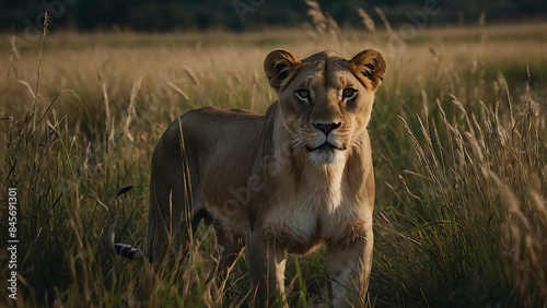 Lioness Emerging from Tall Grass in the Savanna