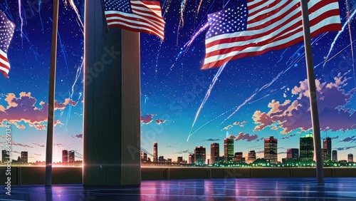 American Independence Day, with a beautiful urban atmosphere and fireworks in the sky