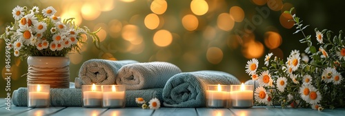 Meditation paraphernalia, relaxation center, Thai massage, rock balancing, towel rolled into a roller, flowers, candles and water for relaxation