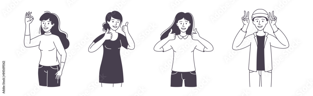 People Character Showing Positive Hand Gesture Demonstrating Emotion Outline Vector Set People Character Showing Positive Hand Gesture Demonstrating Emotion Outline Vector Set