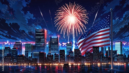 American Independence Day, with a beautiful urban atmosphere and fireworks in the sky