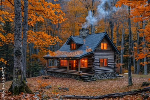 Cozy Log Cabin With Smoke Rising From Chimney In Autumn Forest