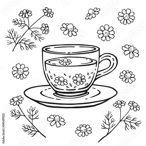 Set with glass cup tea, chamomile. Hand drawn vector illustration in outline style.