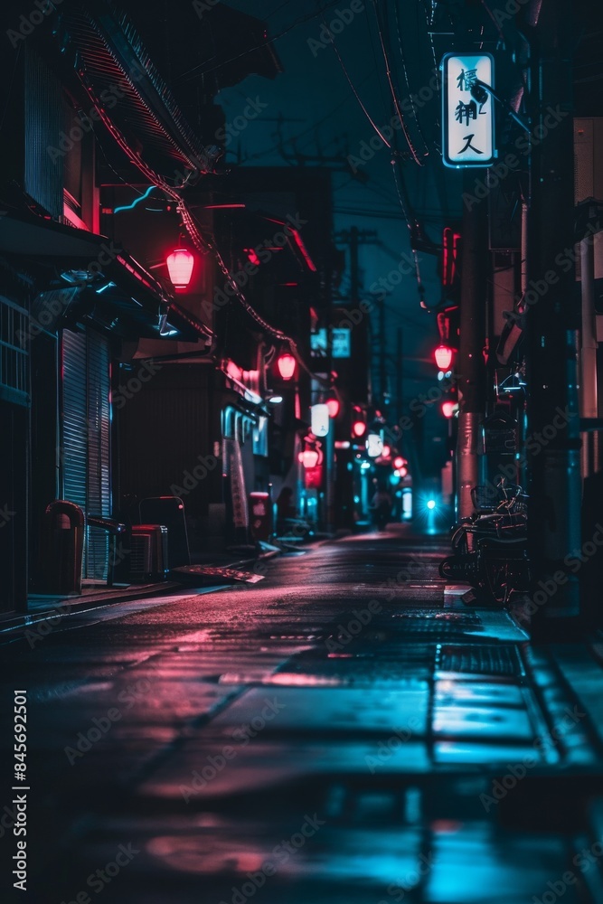 Night street photography, Japanese city lights, cold tones
