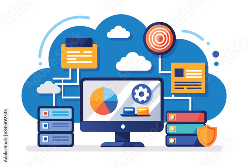 Illustration depicting a secure cloud computing and data management system with network connections, servers, and a desktop computer displaying a pie chart and a gear icon.