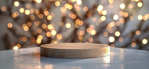 Wooden Round Platform With Branch on White Tabletop With Bokeh Lights