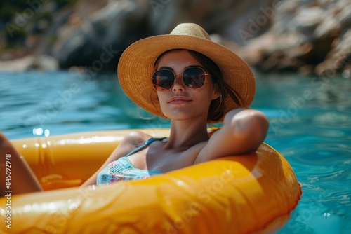 Woman Wearing Straw Hat and Sunglasses Relaxing in Inflatable Pool Float
