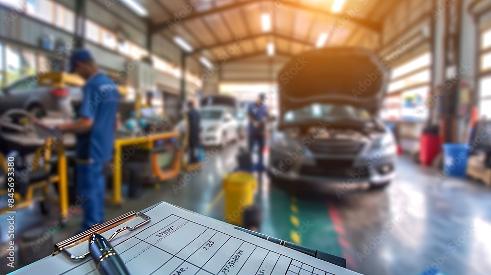Professional auto repair shop with clipboard and mechanics working Professional auto repair shop with clipboard and mechanics working