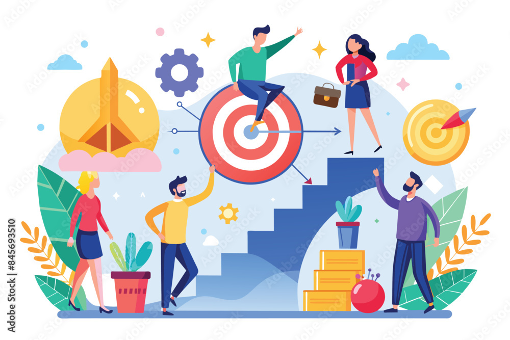 An illustration of a team of people working together to achieve their goals and reach success, shown by a target, stairs, and a rocket. An illustration of a team of people working together to achieve their goals and reach success, shown by a target, stairs, and a rocket.