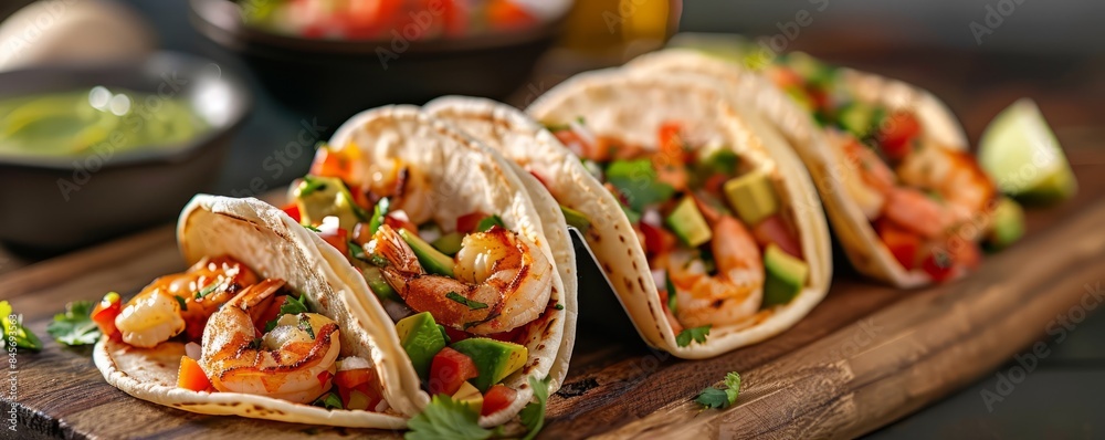 Zesty shrimp tacos with avocado salsa and lime crema, 4K hyperrealistic photo
