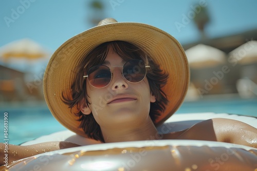 Woman Wearing Straw Hat and Sunglasses Relaxing in Inflatable Pool Float