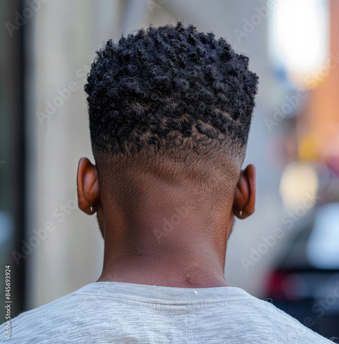 Clear and detailed image of the back of a black man's head showcasing a trendy curly hairstyle, taken from behind