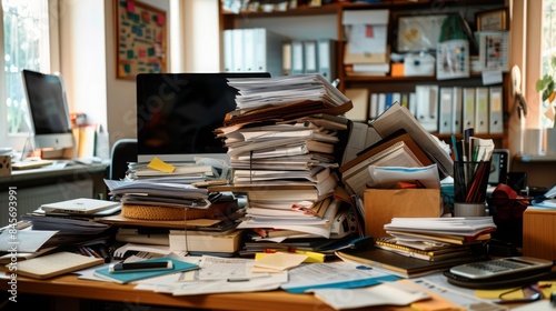 Obraz na płótnie A cluttered desk with stacks of paper, books, office supplies, and a computer monitor. The desk is a classic example of an overloaded workspace. w salonie
