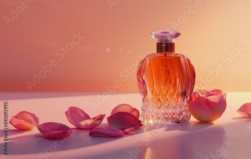 Pink Perfume Bottle on Pink Satin Fabric With Cherry Blossoms