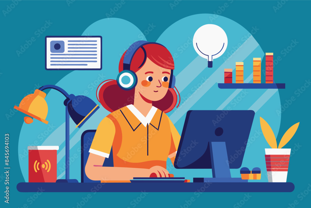 A woman sits at her desk working on a computer. She is wearing headphones and appears focused on her task. The image depicts a modern work environment.