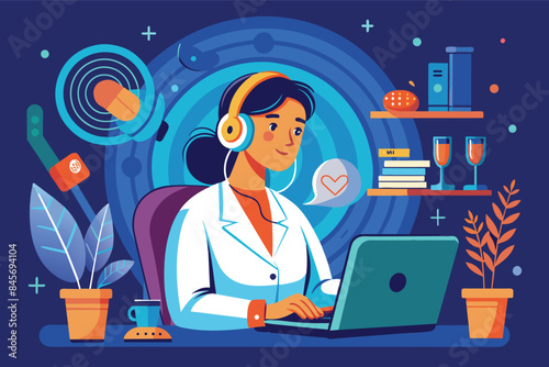 Illustration of a woman wearing headphones and working on a laptop at her home office desk.