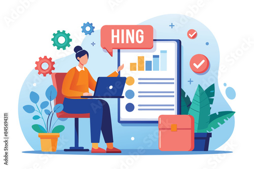 A woman sits at a laptop, analyzing data and graphs displayed on a whiteboard. The word Hing appears in a speech bubble next to her, indicating she is using the Hing platform for her analysis.