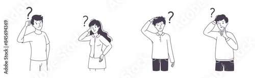 Question with Thoughtful Man and Woman Scratching Head over Riddle Vector Set