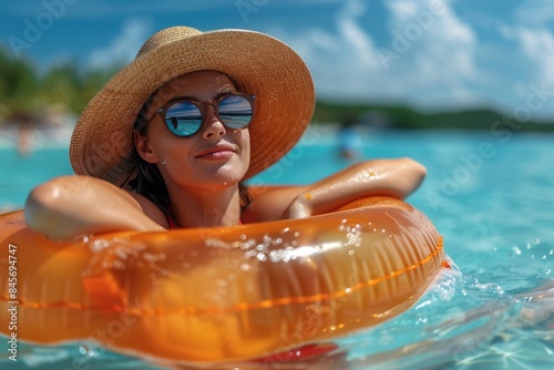 Woman Wearing Straw Hat and Sunglasses Relaxing in Inflatable Pool Float