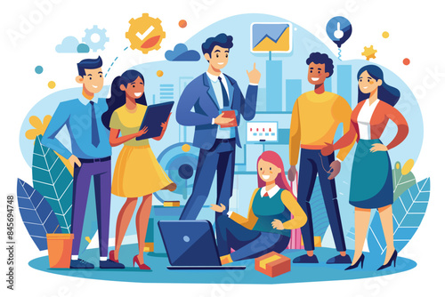 A diverse team of professionals collaborates on a project in a modern office setting. They stand and sit around a laptop, engaging in discussion and brainstorming ideas.