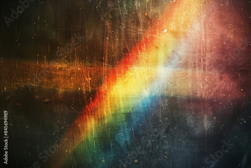 Ethereal, defocused light forms a rainbow spectrum against a dark, dusty backdrop, echoing the imperfections of vintage film.