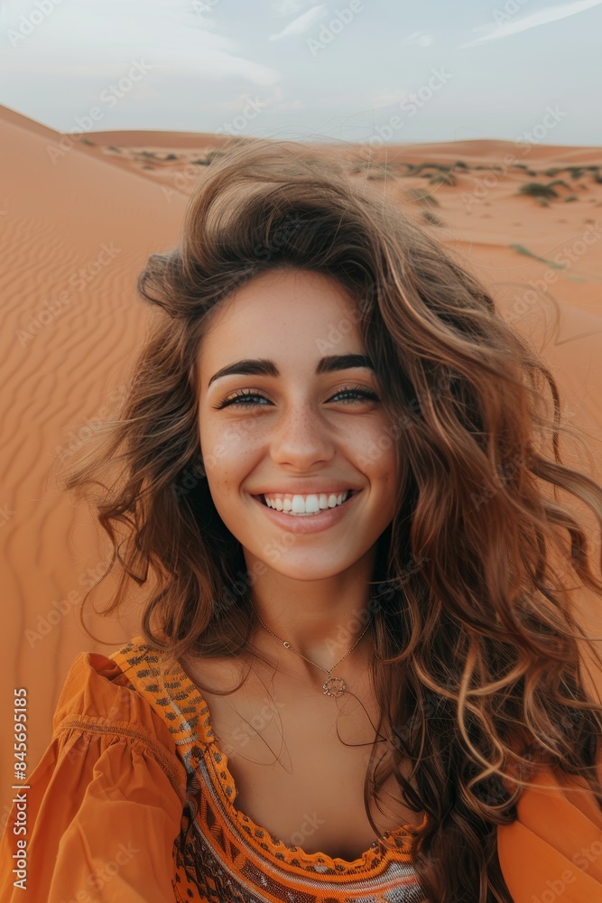 Fototapeta premium Happy woman capturing selfie in desert against clear blue sky during bright sunny day