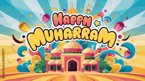 'HAPPY MUHARRAM' Islamic new yea, cartoon style