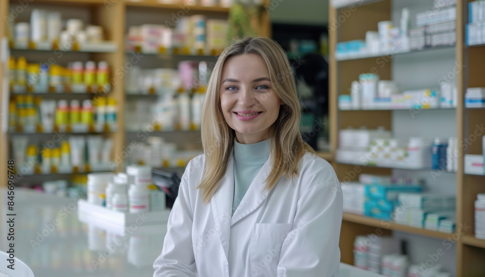 Pharmacy Drugstore: Portrait of Beautiful Caucasian Pharmacist Standing Behind the Checkout Counter, Smiling Charmingly, Looking at Camera. Modern Drugstore with Shelves full of Medicine Packages Pharmacy Drugstore: Portrait of Beautiful Caucasian Pharmacist Standing Behind the Checkout Counter, Smiling Charmingly, Looking at Camera. Modern Drugstore with Shelves full of Medicine Packages
