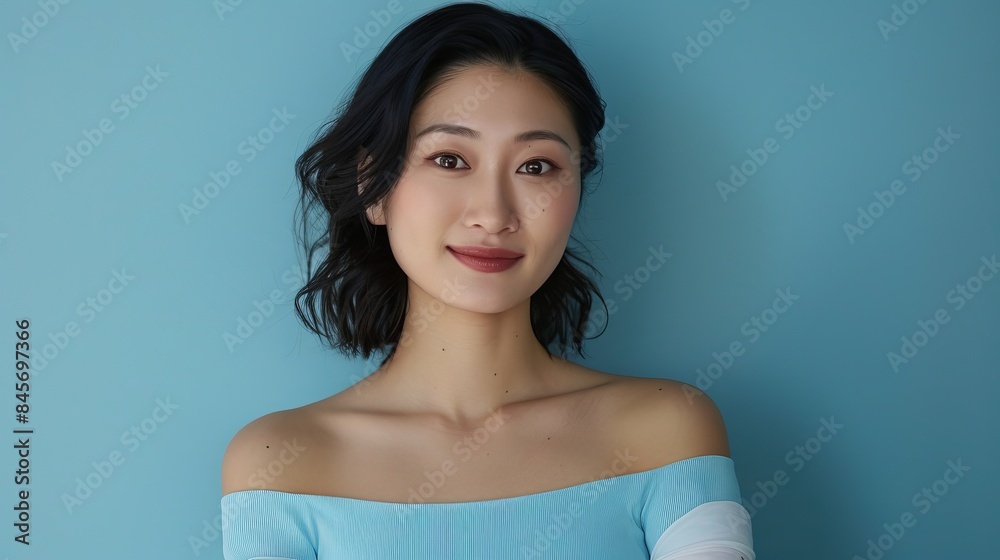 studio portrait of a gorgeous thirty-year-old Japanese woman wearing a sky blue top and sporting a thick cast on one arm.